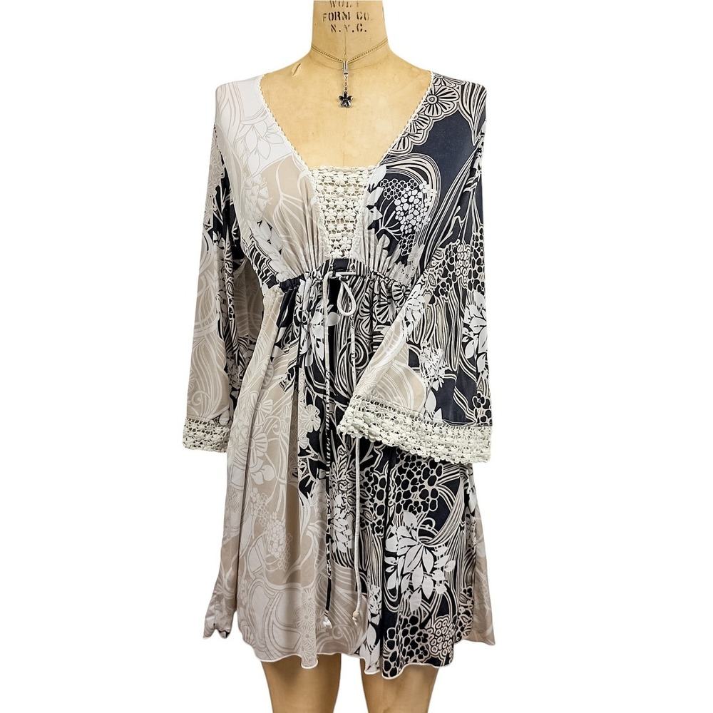 Whimsigoth Bell Sleeve‎ Boho Tunic Dress Crochet Lace Trim Coastal Hippie Size M